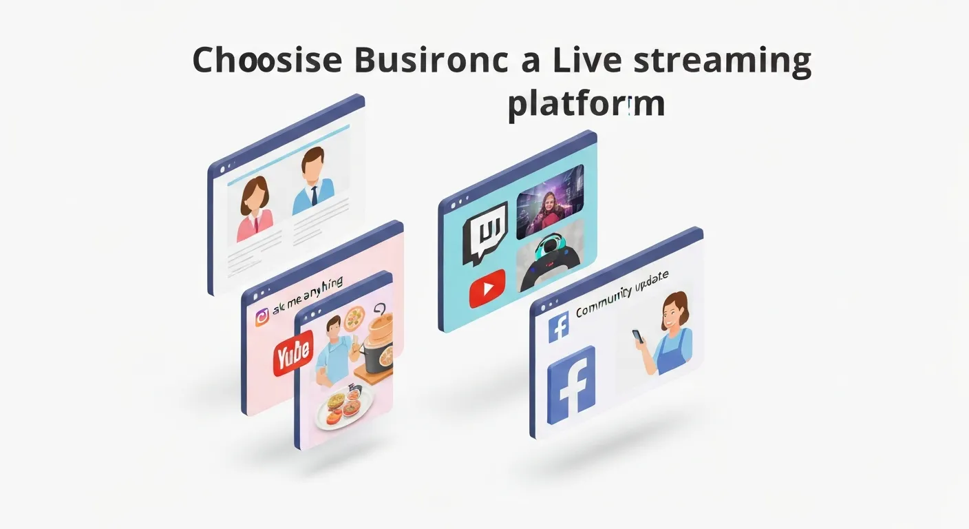 An isometric illustration showcasing five different floating screens, each representing a popular live streaming platform: YouTube, Facebook, Twitch, Instagram, and LinkedIn. Each screen displays content typical for that platform, demonstrating the versatility of live streaming for different audiences and purposes.