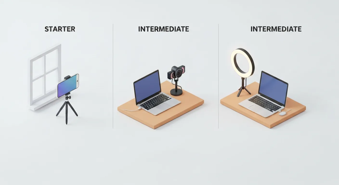 A clear, isometric illustration divided into three sections, showing the progression of live streaming equipment from beginner to intermediate. The first section shows a basic smartphone on a tripod. The second section shows a desk with a high-quality webcam, a USB microphone, and a ring light. This visually represents the guide's advice on starting with a low budget and gradually upgrading.