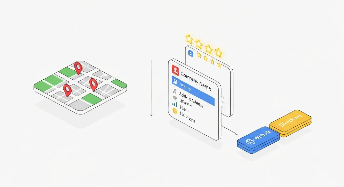 Infografika przedstawiająca anatomię Local Pack. Na białym tle pokazano w formie izometrycznej kluczowe elementy: fragment mapy z pinezkami, wizytówkę firmy z nazwą, oceną w gwiazdkach i adresem oraz przyciski akcji 'Trasa' i 'Strona internetowa'.