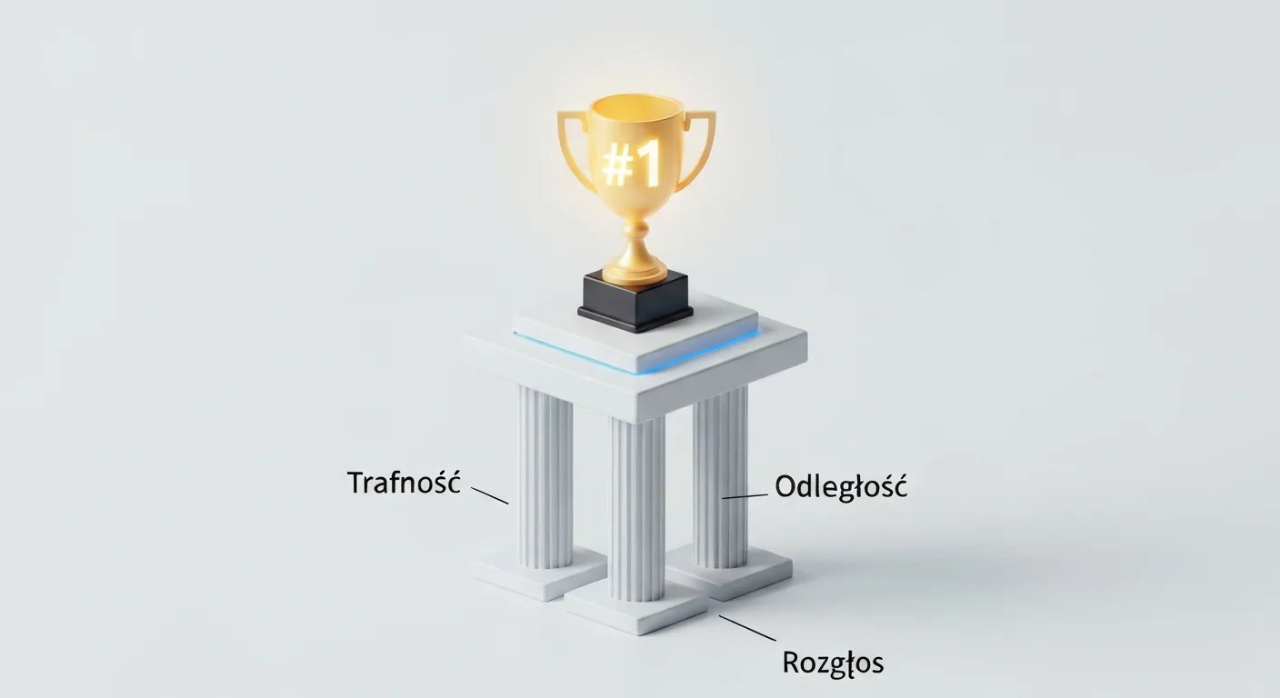 Grafika symbolizująca trzy filary rankingu w Local Pack. Na podium stoi złoty puchar z numerem 1, a cała konstrukcja opiera się na trzech solidnych kolumnach z etykietami: Trafność, Odległość i Rozgłos.