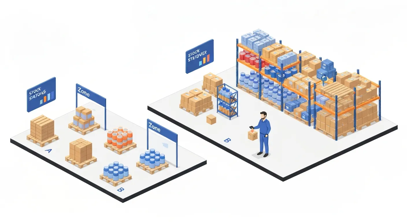 An isometric illustration of an organized e-commerce warehouse demonstrating the ABC analysis for inventory management, with high-value products positioned for quick picking.