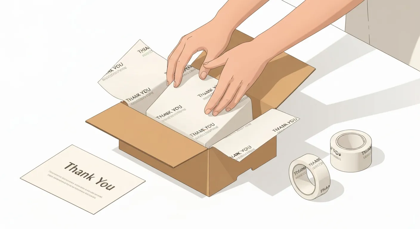 An illustration highlighting the 'unboxing experience' in e-commerce, showing hands carefully placing a product in a branded box with tissue paper and a thank-you note.