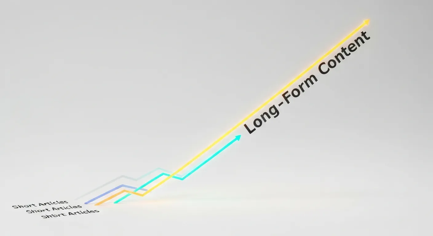 Abstrakcyjny wykres 3D pokazujący, jak długa, szczegółowa linia reprezentująca long-form content pnie się na sam szczyt rankingu SEO, zostawiając w tyle krótsze, mniej wartościowe treści.