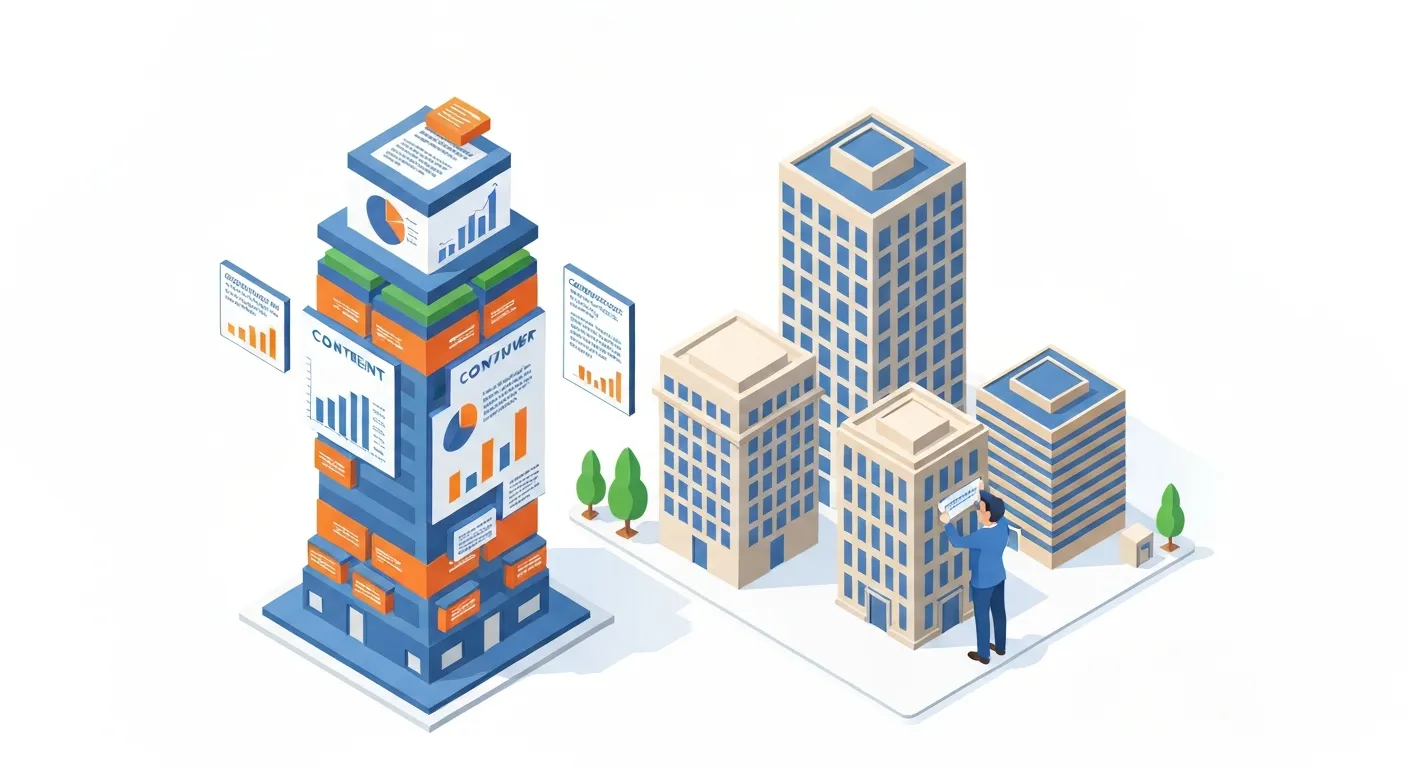 Ilustracja izometryczna przedstawiająca technikę Skyscraper. Marketer dodaje ostatnie, zaawansowane piętro do wieżowca zbudowanego z treści, który jest znacznie wyższy i bardziej rozbudowany niż sąsiednie, mniejsze budynki konkurencji.