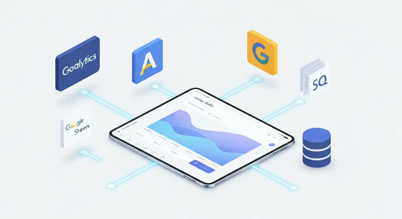 An isometric illustration showing icons for Google Analytics, Google Ads, and Sheets connecting to a central Looker Studio dashboard, demonstrating seamless data integration.