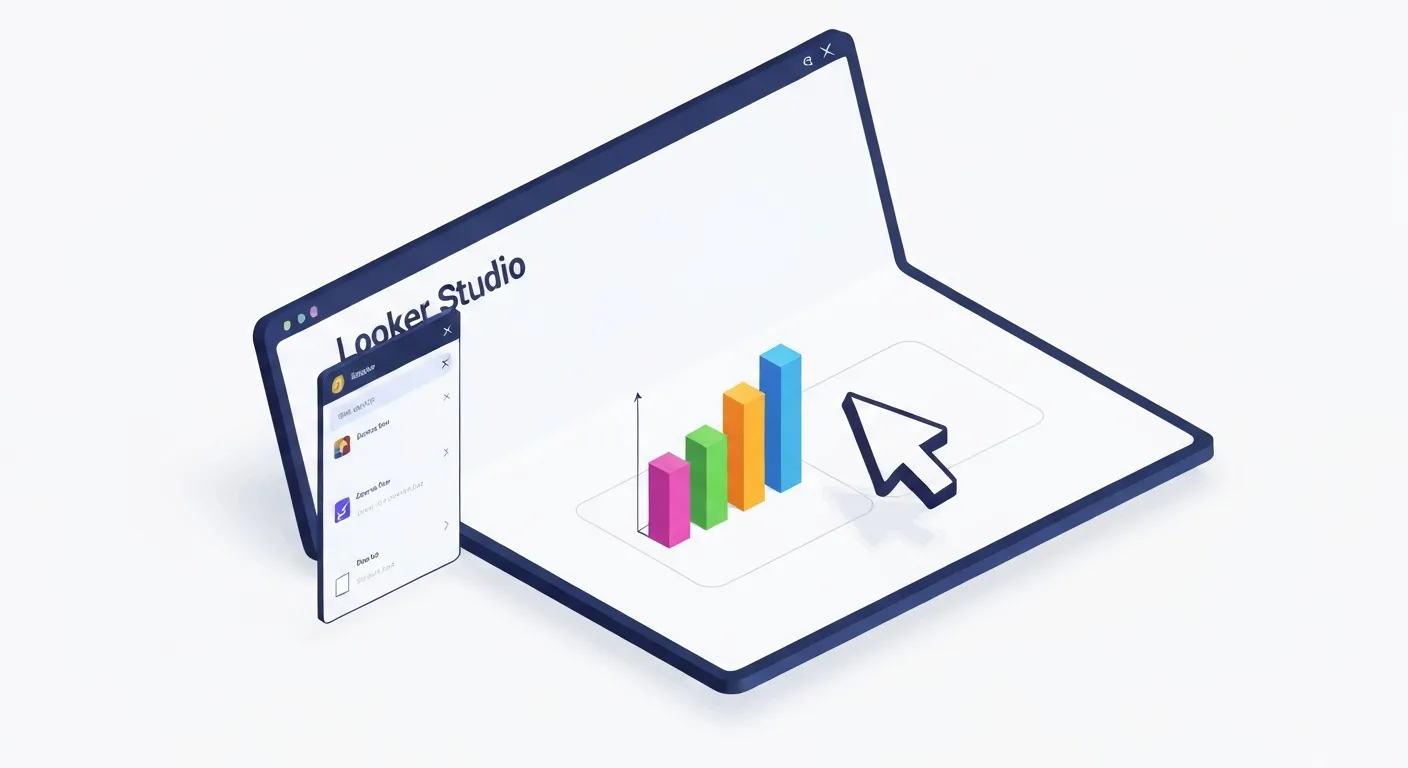 An illustration of a user using a 'drag and drop' motion to place a bar chart onto a Looker Studio report canvas, symbolizing the tool's ease of use.