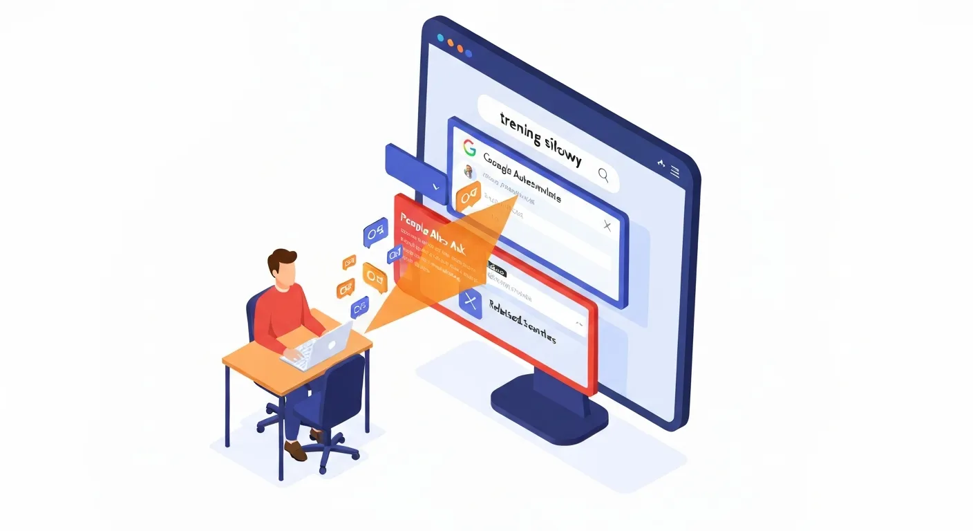 Ilustracja przedstawiająca proces znajdowania słów kluczowych LSI za pomocą wyszukiwarki Google, pokazująca podpowiedzi autouzupełniania, sekcję 'Inni szukali również' oraz 'Podobne wyszukiwania'.