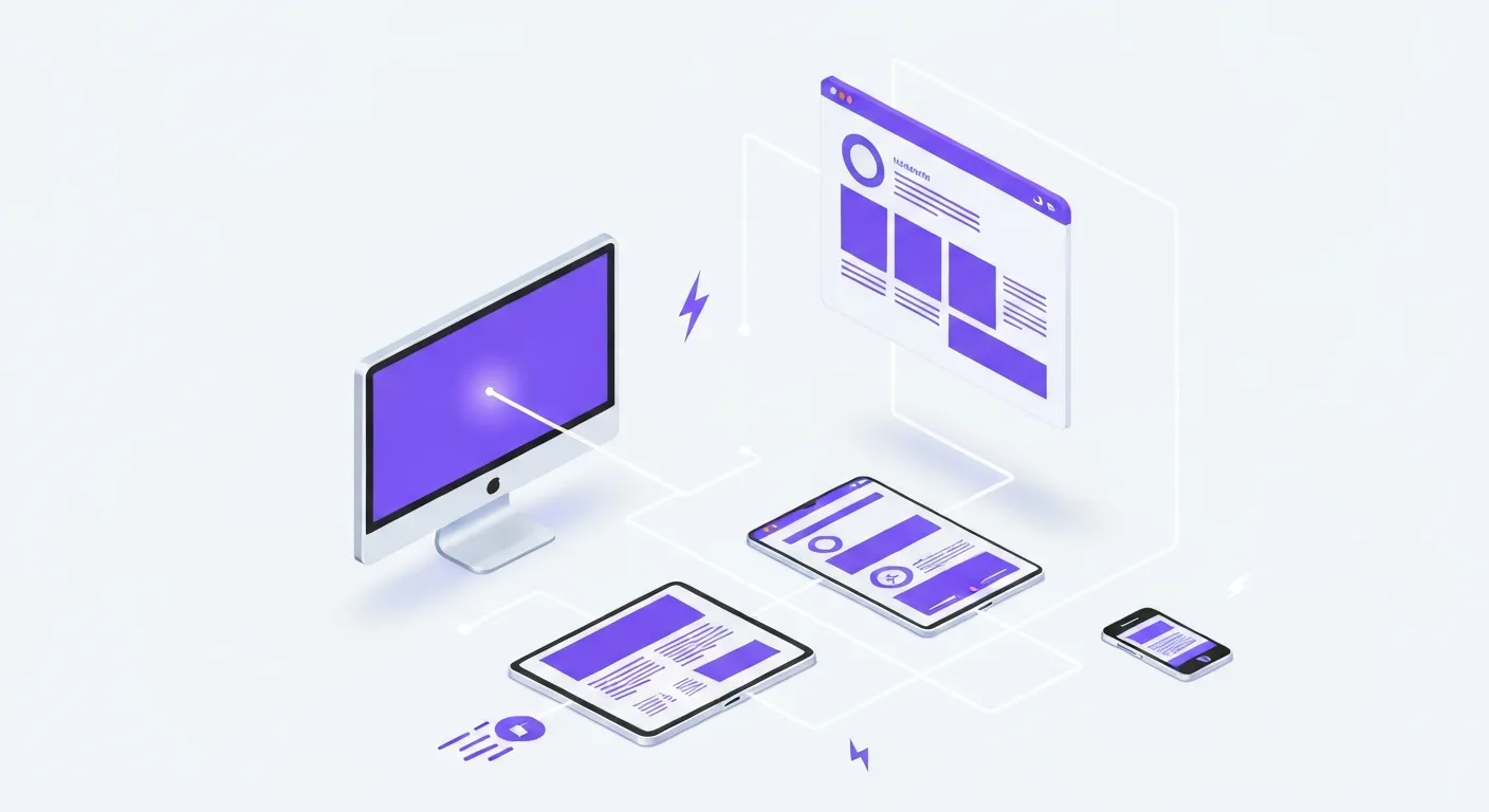 Izometryczna ilustracja pokazująca koncepcję responsywnego projektowania stron internetowych (RWD). Ten sam interfejs sklepu internetowego idealnie dopasowuje się do trzech różnych ekranów: monitora komputera, tabletu i smartfona, symbolizując techniczny fundament skutecznego m-commerce.