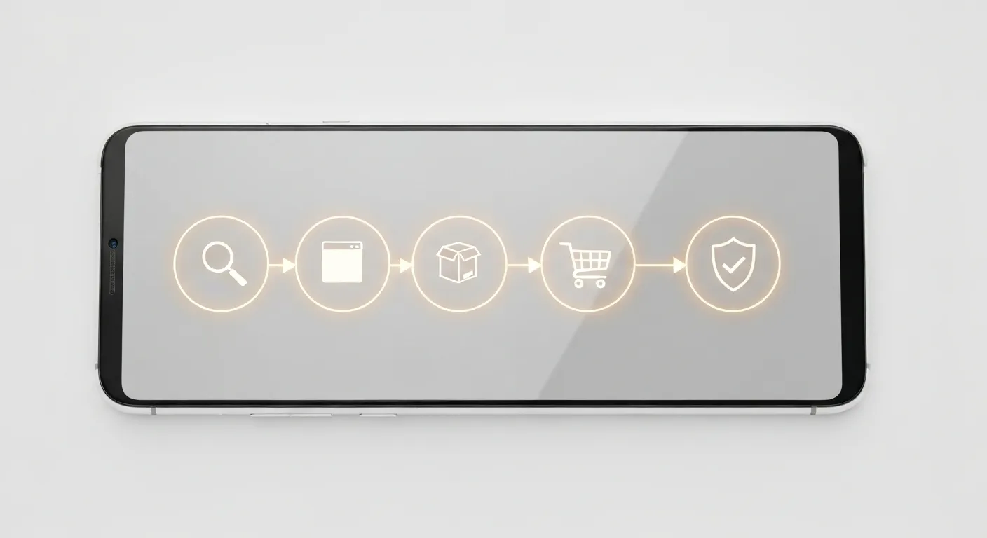 Abstrakcyjna wizualizacja zoptymalizowanej ścieżki zakupowej na urządzeniu mobilnym. Na ekranie smartfona widoczna jest prosta, świetlista linia łącząca ikony symbolizujące etapy od wyszukiwania po płatność, co podkreśla intuicyjność procesu w m-commerce.