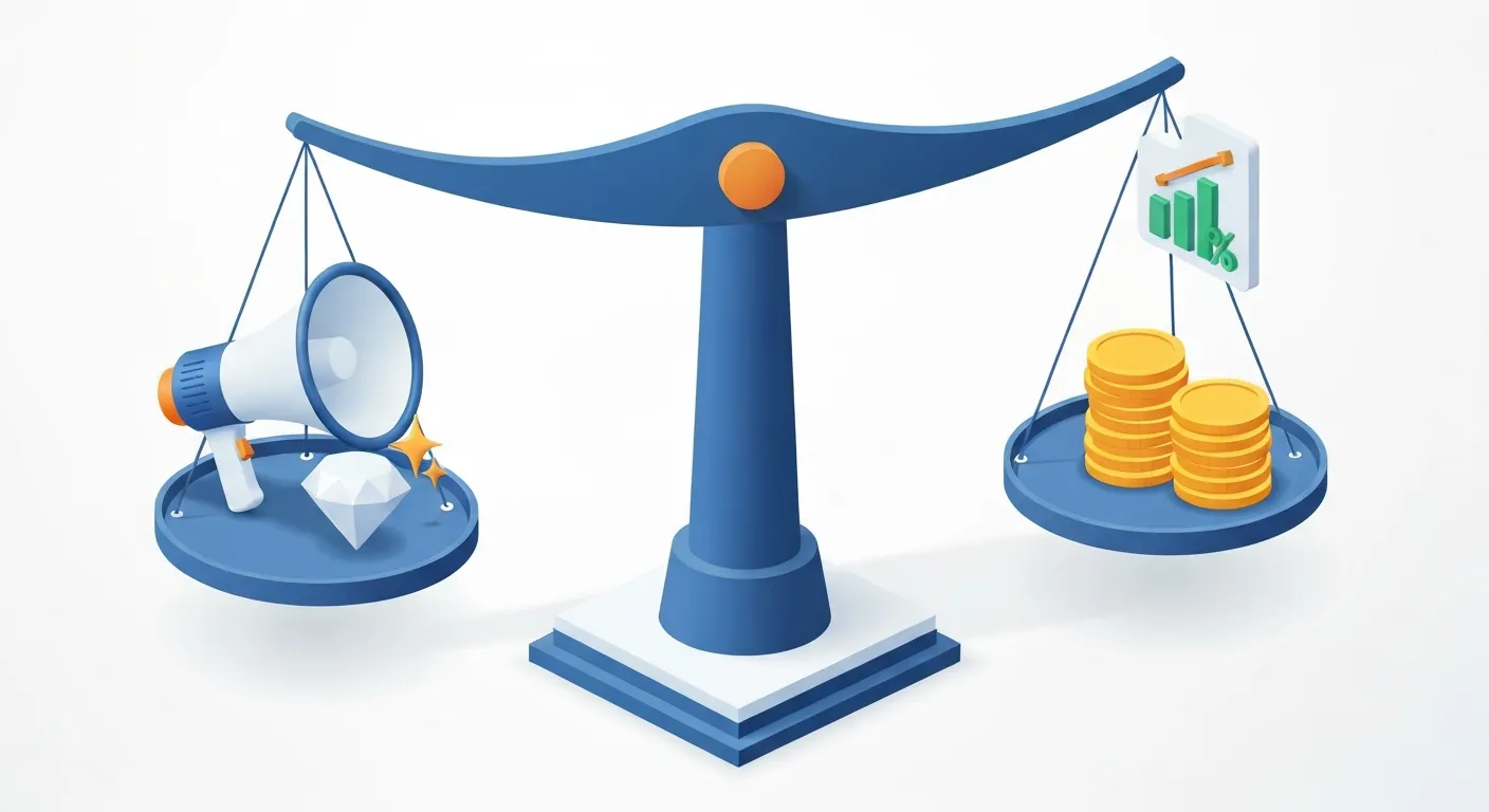 Ilustracja przedstawiająca zalety i wady współpracy z macro-influencerem. Po jednej stronie wagi znajduje się ikona zasięgu i jakości, a po drugiej ikona wysokich kosztów, co symbolizuje strategiczną decyzję marketingową.