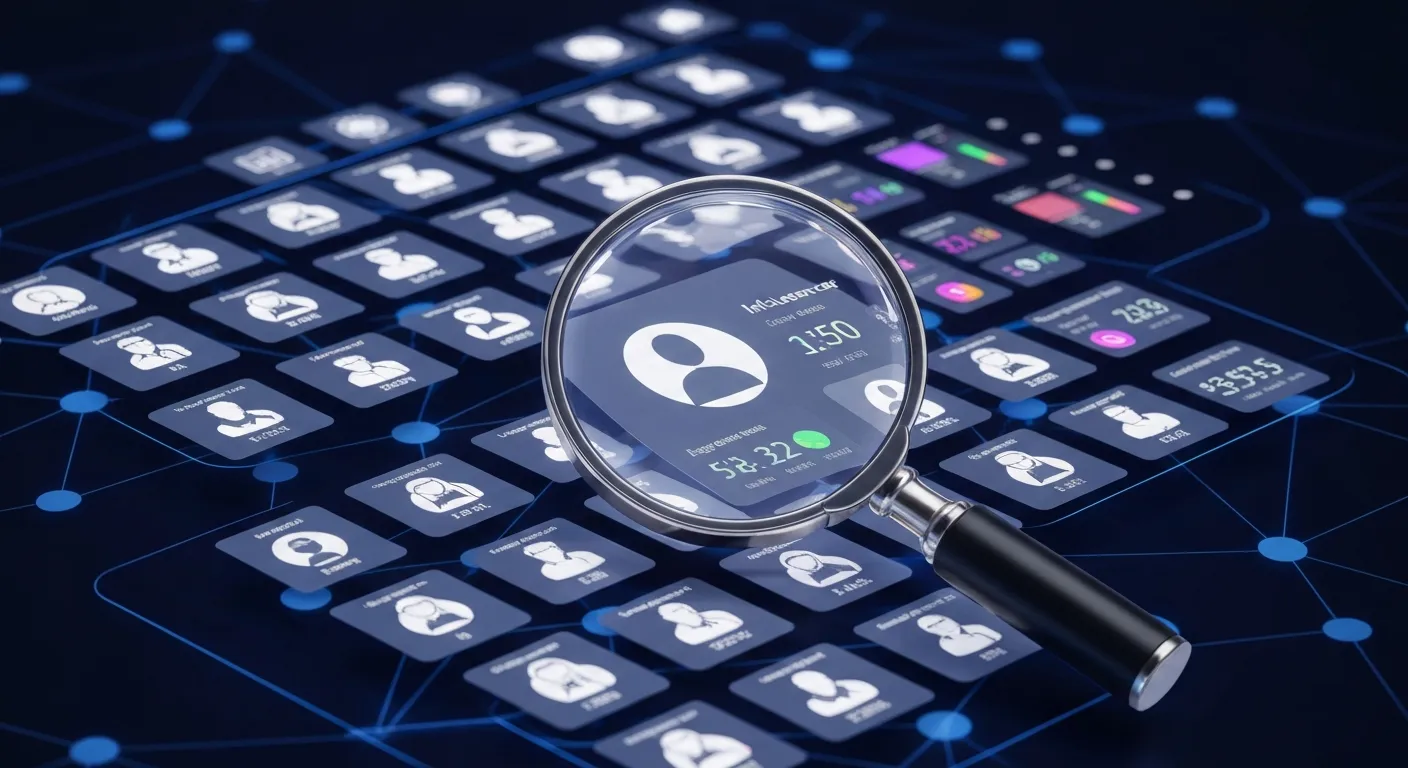 Proces analizy i wyboru idealnego macro-influencera. Lupa powiększa profil jednego z kandydatów w cyfrowej siatce, pokazując kluczowe wskaźniki, takie jak zaangażowanie i demografia odbiorców.