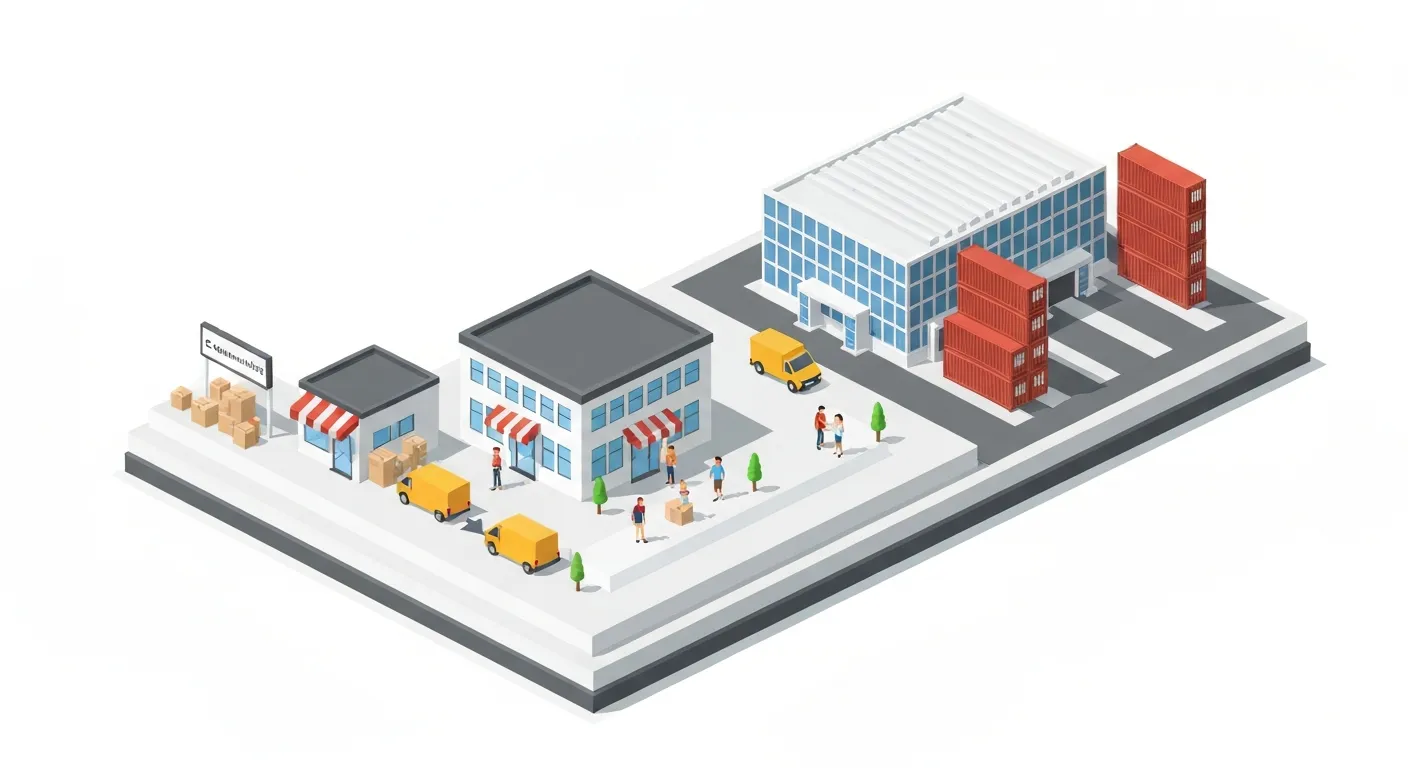 Izometryczna ilustracja pokazująca skalowalność platformy e-commerce. Po lewej stronie mały sklep internetowy, który stopniowo rośnie wzdłuż ścieżki, przekształcając się w duży magazyn i międzynarodową centralę po prawej stronie, co symbolizuje rozwój biznesu.