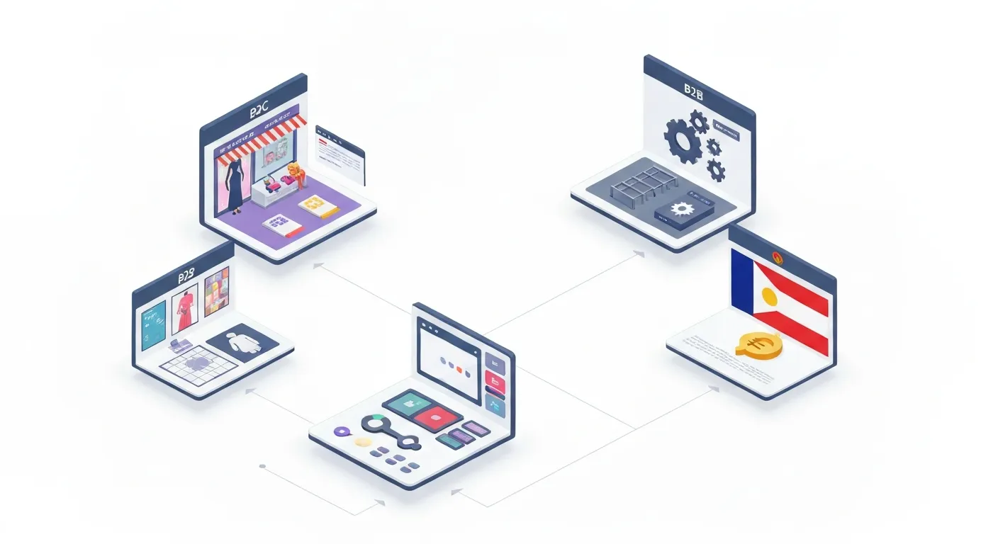 Schemat wizualizujący architekturę Magento Multi-Store. Centralny panel administracyjny jest połączony z kilkoma różnymi witrynami sklepowymi, z których każda ma unikalny wygląd, walutę i jest przeznaczona dla innego rynku (np. B2C, B2B, rynek międzynarodowy).