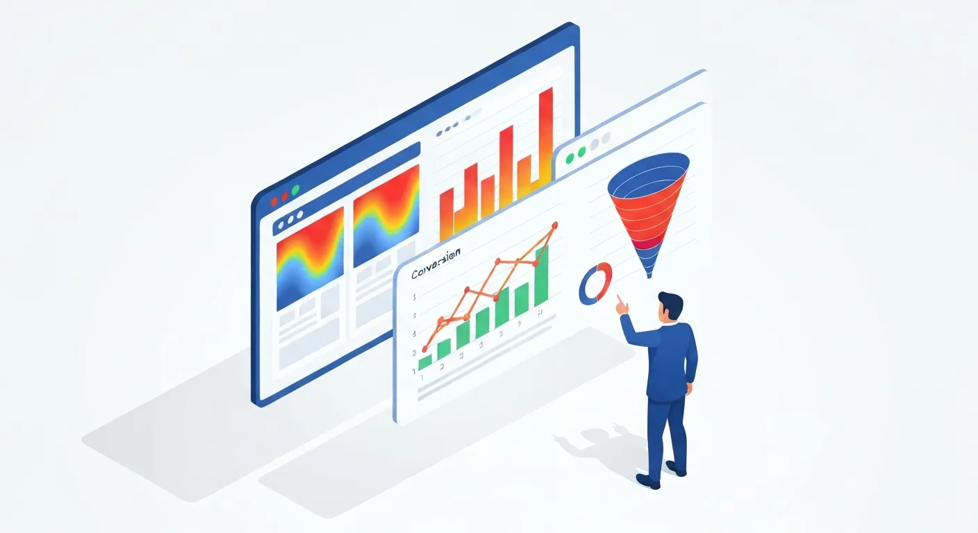 Ilustracja izometryczna przedstawiająca analityka danych badającego duży, wirtualny pulpit analityczny. Na pulpicie widoczne są mapy ciepła (heatmaps) nałożone na layout strony internetowej oraz wykresy i lejki konwersji, co symbolizuje proces audytu i analizy danych w celu optymalizacji.