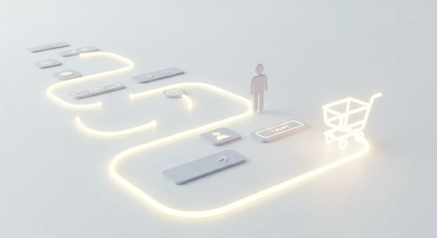 Wizualizacja płynnej i intuicyjnej ścieżki użytkownika (UX/UI). Prosta, świetlista linia prowadzi ikonę użytkownika przez minimalistyczne elementy interfejsu, takie jak przyciski i pola formularza, aż do ikony celu, np. koszyka na zakupy. Symbolizuje to dobrze zaprojektowane doświadczenie użytkownika, które ułatwia konwersję.