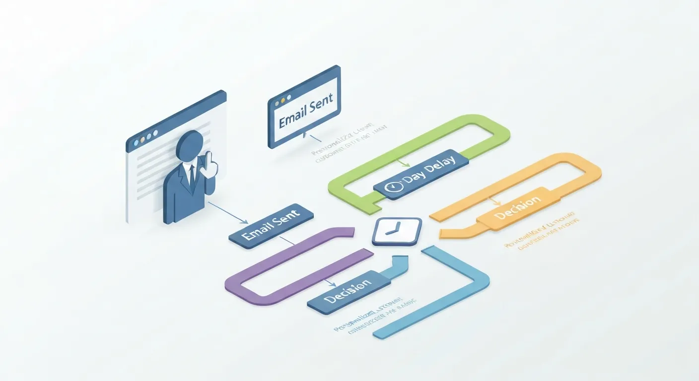 Izometryczny diagram ilustrujący workflow marketing automation, gdzie akcja użytkownika (pobranie e-booka) uruchamia automatyczną ścieżkę z warunkami, e-mailami i segmentacją, pokazując logikę 'jeśli-to' w praktyce.