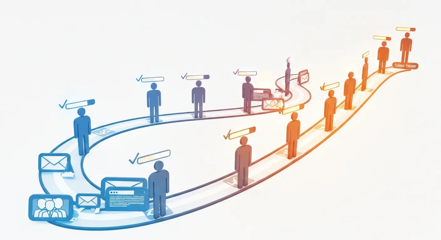 Wizualizacja procesu lead nurturing i lead scoring, przedstawiająca ścieżkę, po której poruszają się ikony klientów. W miarę interakcji z punktami styku (e-mail, strona www), ich 'wskaźnik gotowości' rośnie, co symbolizuje przygotowanie do kontaktu ze sprzedażą.