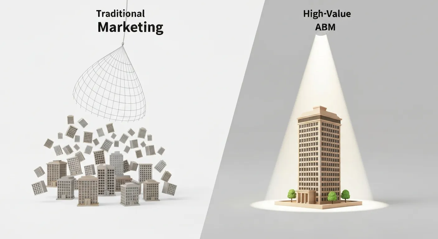 Ilustracja porównująca tradycyjny marketing z Account-Based Marketing (ABM). Po lewej stronie szeroka sieć zarzucona na wiele małych, ogólnych firm. Po prawej, precyzyjna wiązka światła skupiona na jednym, dużym, wartościowym kliencie.