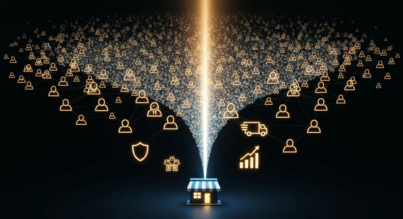 An abstract visualization of the benefits of selling on a marketplace, where a small business is amplified to reach a global customer base, supported by icons for trust and logistics.