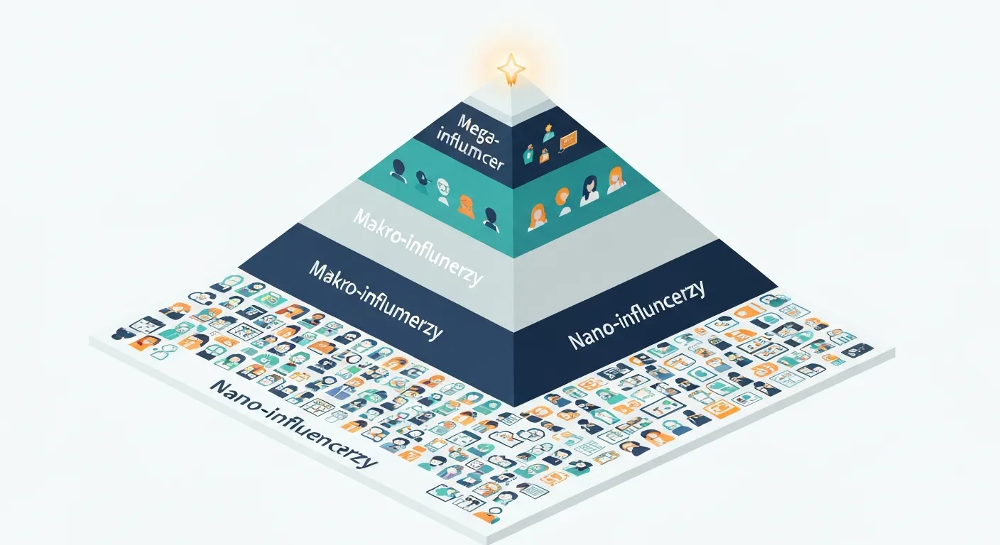 An isometric 3D pyramid diagram illustrating the hierarchy of social media influencers. The wide base represents nano-influencers, moving up to micro, macro, and a single, prominent mega-influencer at the very top, representing the difference in scale and exclusivity.
