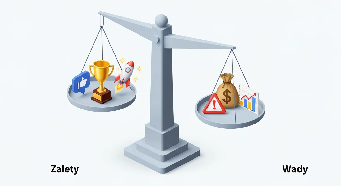 An isometric 3D balance scale weighing the pros and cons of mega-influencer collaboration. One side holds symbols of success like a trophy and a rising graph, while the other holds symbols of risk like a large price tag and a warning sign.