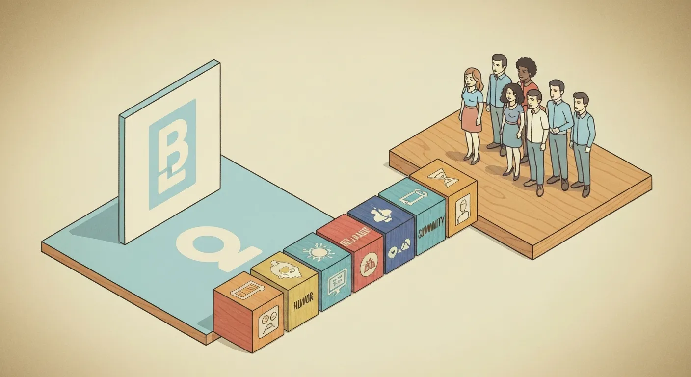 Izometryczna ilustracja przedstawiająca duży, przyjazny logotyp marki oraz sylwetkę klienta, połączonych mostem zbudowanym z klocków humoru i relatywności. Most ten symbolizuje, jak meme marketing buduje więź i humanizuje markę w oczach konsumenta.