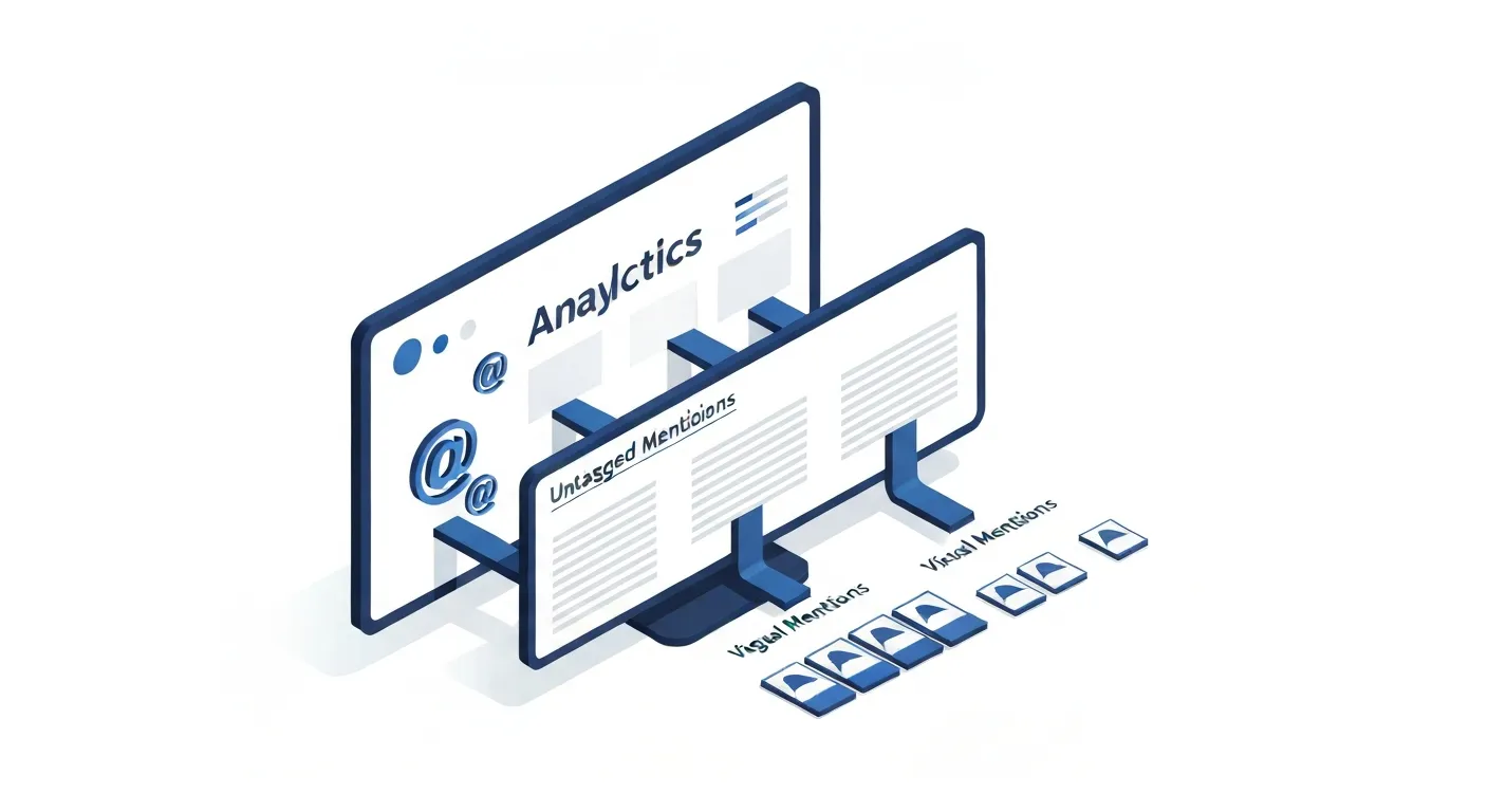 An isometric illustration showing the three main types of brand mentions. Three separate streams flow into a central dashboard: one with an '@' symbol for tagged mentions, one with plain text for untagged mentions, and one with a photo icon for visual mentions.