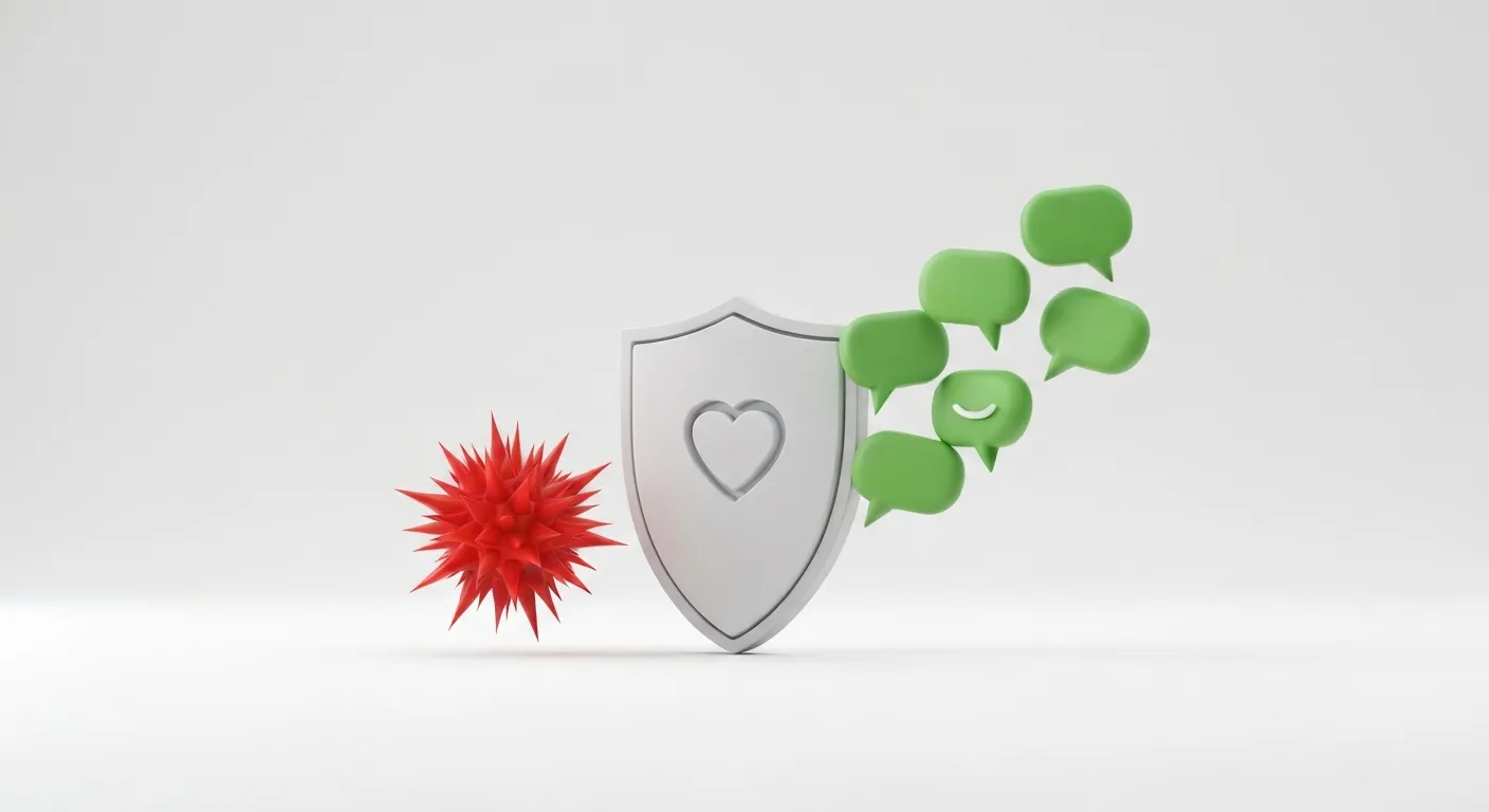 An abstract illustration depicting reputation management. A large, friendly shield representing a brand is deflecting a red, spiky comment bubble symbolizing a crisis, while attracting and amplifying several green, positive comment bubbles.
