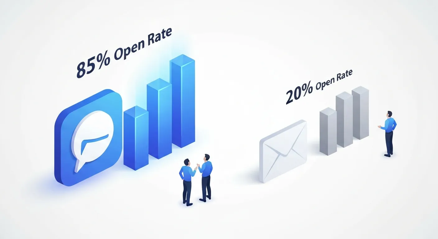 An isometric business illustration comparing the high open rates of Messenger marketing to the low open rates of email marketing. A large, vibrant Messenger icon is shown next to a very tall bar graph, while a smaller email icon is next to a short bar graph, clearly showing the difference in effectiveness.