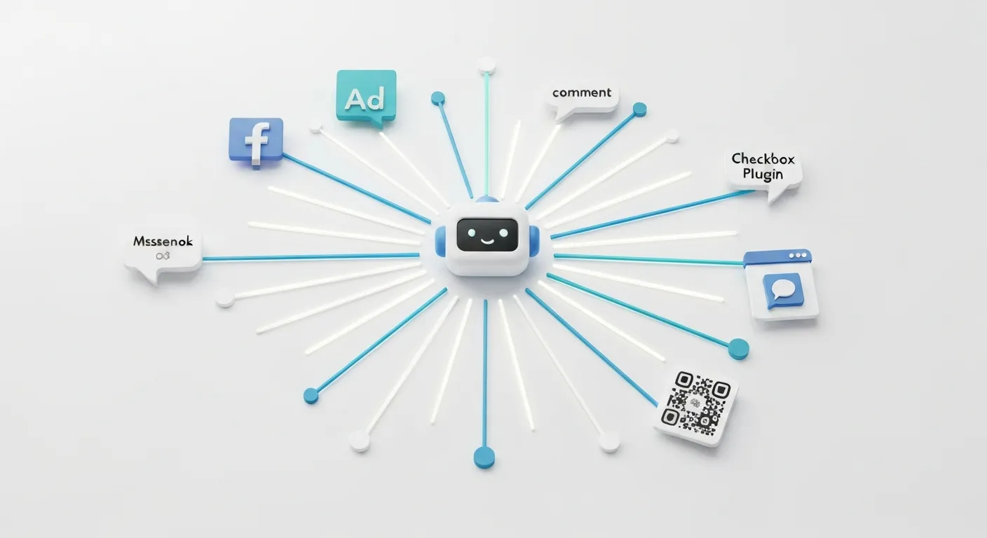 An abstract visualization showing a central chatbot icon connected by glowing lines to various 'Growth Tools' used in Messenger marketing, including a Facebook Ad, a QR code, and a website checkbox, illustrating the different ways to gain subscribers.