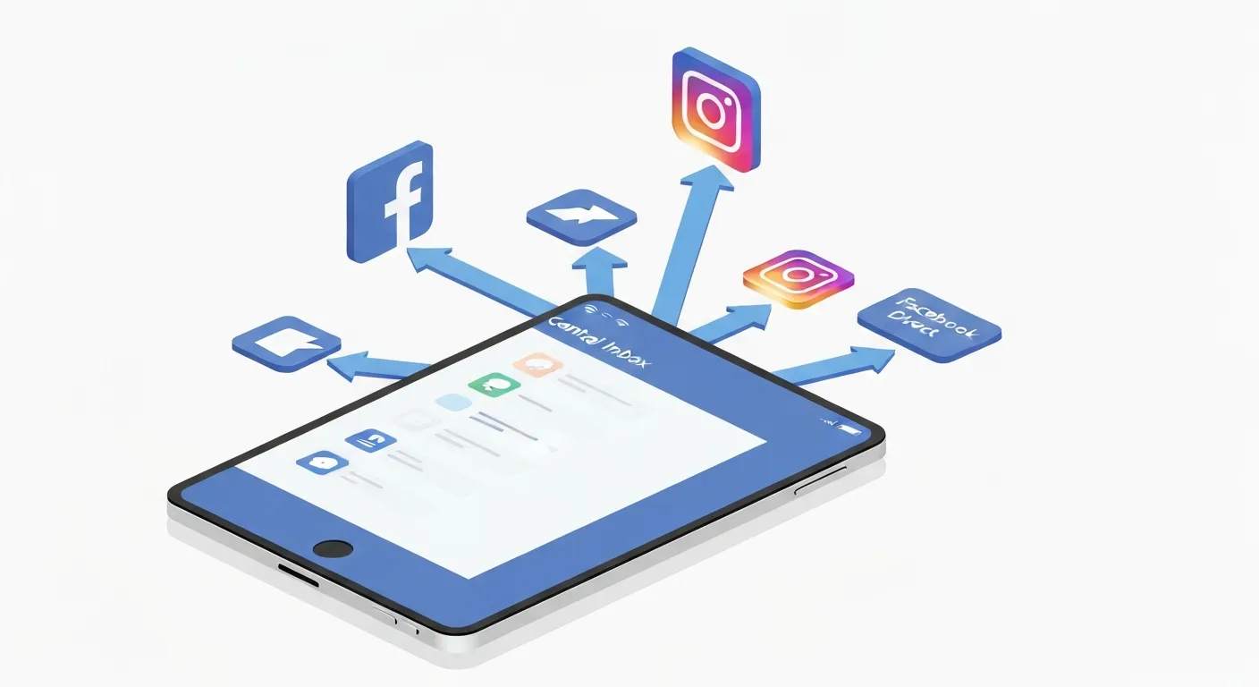 Izometryczna ilustracja przedstawiająca wiadomości i komentarze z Messengera, Instagram Direct i Facebooka spływające do jednej, zunifikowanej skrzynki odbiorczej w Meta Business Suite, symbolizująca scentralizowaną komunikację.