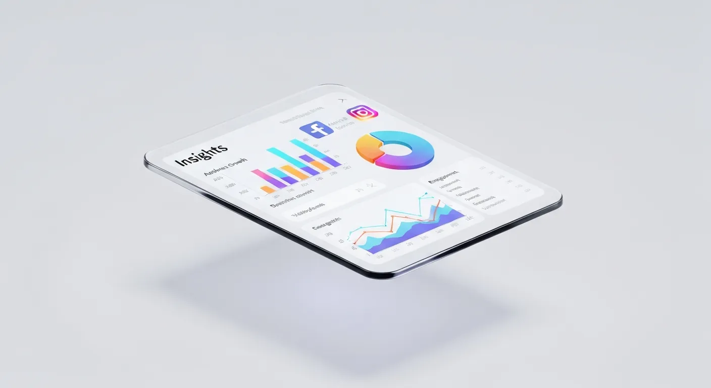 Wizualizacja panelu 'Statystyki' w Meta Business Suite, pokazująca kolorowe wykresy słupkowe, kołowe i liniowe, które analizują dane demograficzne odbiorców i zaangażowanie na Facebooku i Instagramie.