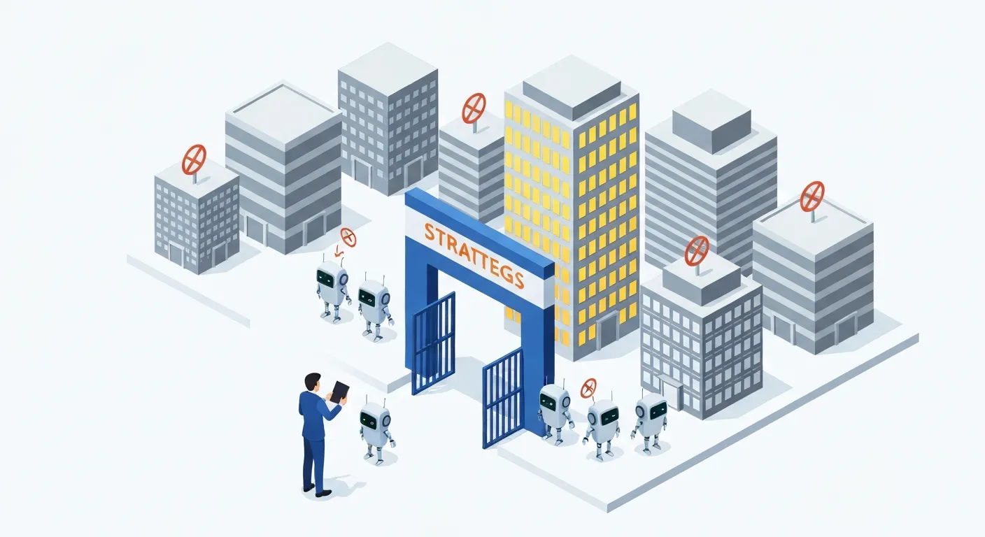 An isometric illustration of a website depicted as a city, where a limited number of robots are being efficiently directed to the most important buildings, representing the strategic management of a website's crawl budget.