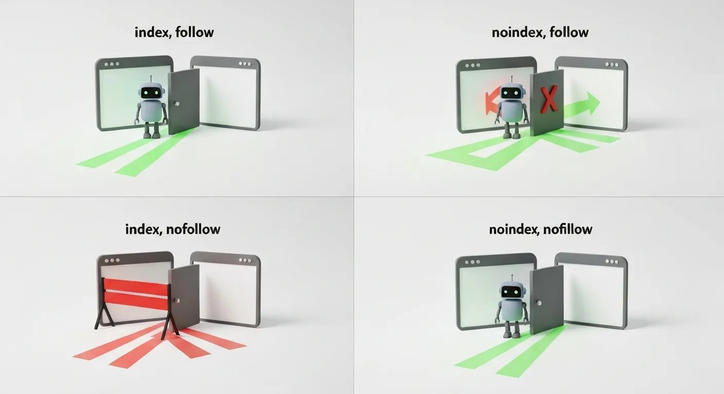 A clear infographic with four panels, each showing a robot encountering a webpage with a different meta robots directive: index, noindex, follow, and nofollow, depicted as open/closed doors and clear/blocked pathways.