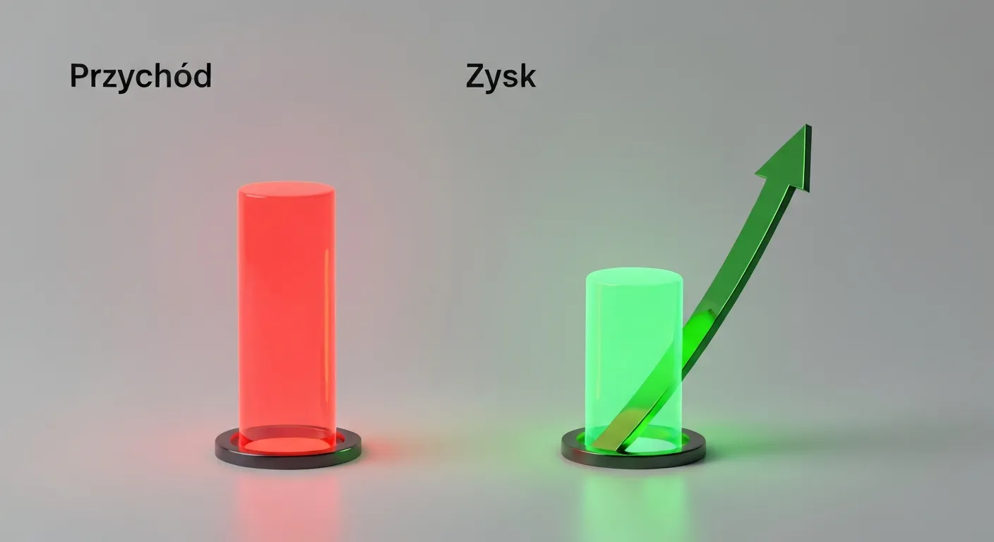 An abstract data visualization showing the benefit of custom metrics for ROI. Two charts are side-by-side. The first chart, labeled 'Przychód' (Revenue), is very high but has a subtle red glow, indicating it's a vanity metric. The second chart, labeled 'Zysk' (Profit), is slightly lower but is bright green with an upward arrow, showing true business success.