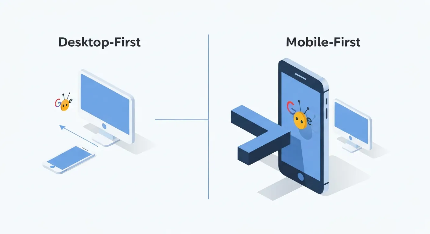 Diagram porównujący stary model indeksowania desktop-first z nowym modelem mobile-first. Po lewej stronie robot Google skanuje monitor komputera, a po prawej stronie ten sam robot skanuje smartfon jako główne źródło danych, co wizualizuje zmianę w procesie indeksowania.