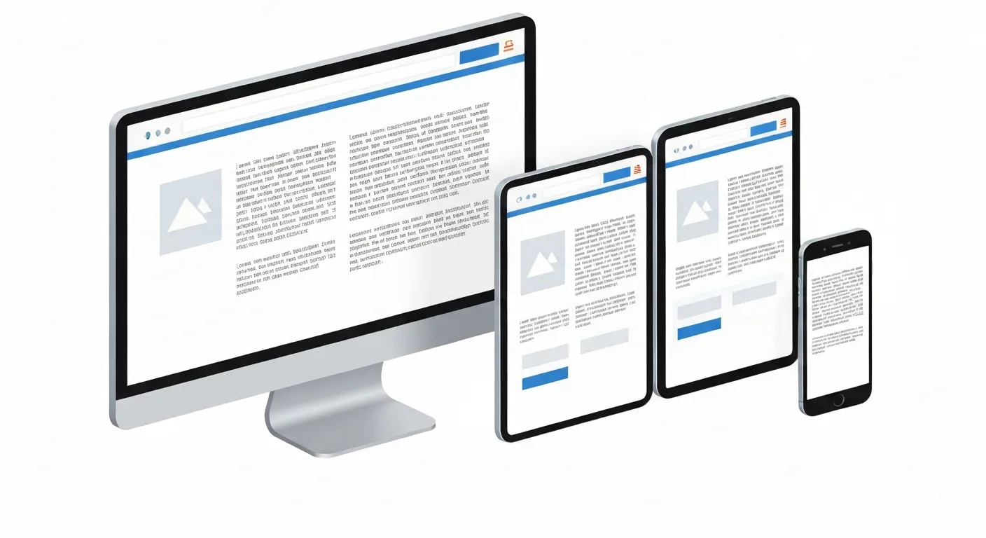Grafika przedstawiająca ideę Responsive Web Design. Ta sama strona internetowa jest wyświetlana jednocześnie na trzech urządzeniach: monitorze komputera, tablecie i smartfonie. Układ strony płynnie dostosowuje się do każdego rozmiaru ekranu, zachowując spójność treści i wyglądu.