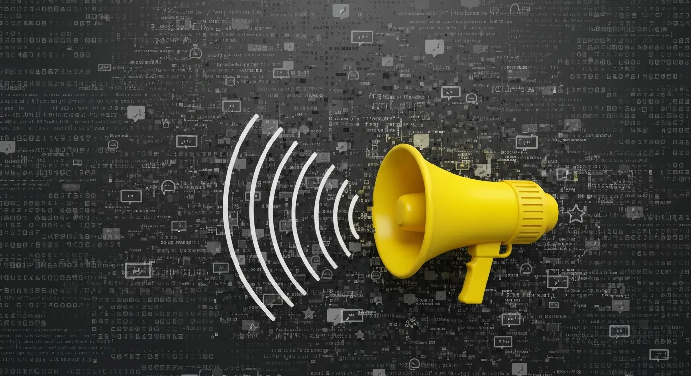 An abstract illustration of the 'Attention' phase. A single, bright yellow megaphone icon dramatically stands out, breaking through a dense, monochrome wall of jumbled digital text and notifications, symbolizing a marketing message successfully cutting through the noise.