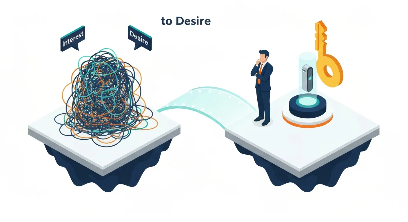 An isometric illustration showing the transition from 'Interest' to 'Desire'. A character on one platform is looking at a complex, tangled problem. On another platform, a product is shown as a simple, elegant solution (a key). A glowing bridge connects the two platforms, showing the clear path to solving the problem.