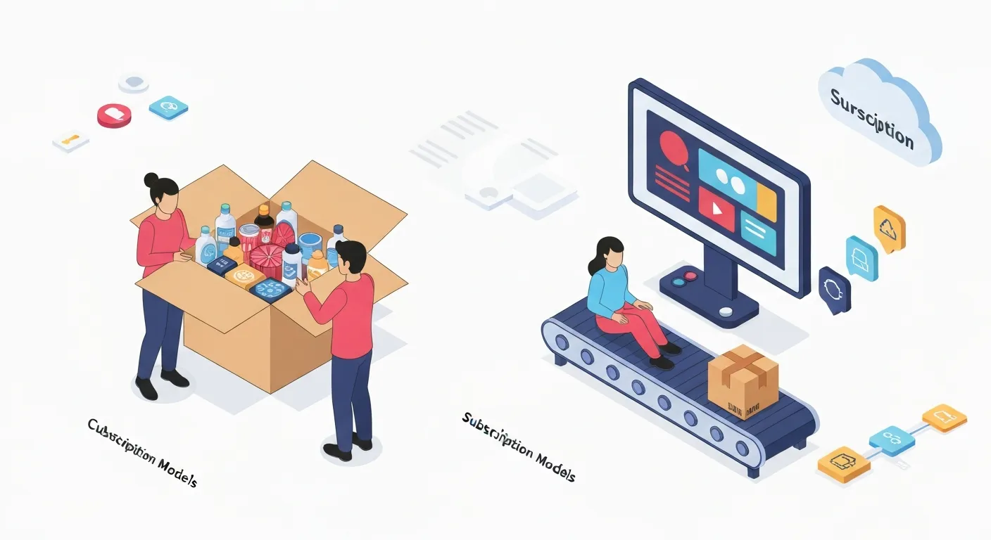 Izometryczna ilustracja prezentująca różne rodzaje modeli subskrypcyjnych: pudełko z produktami (kuratorski), ekran z filmami (dostępowy) oraz paczkę na taśmociągu (uzupełniający).