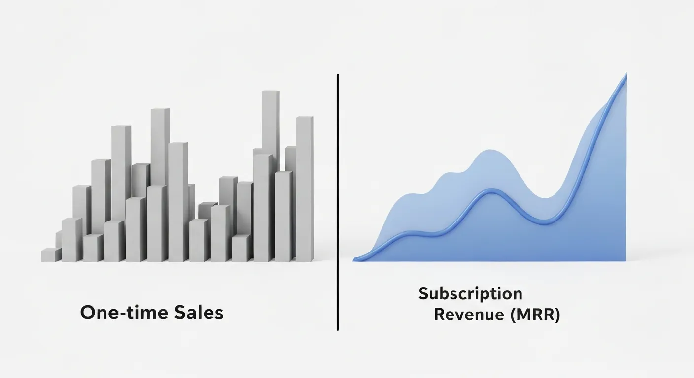 Wizualizacja danych porównująca chaotyczny wykres transakcyjny z gładkim, rosnącym wykresem przychodów z modelu subskrypcyjnego, symbolizującym stabilność i przewidywalność.