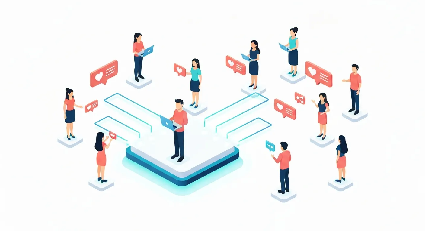 Izometryczna ilustracja przedstawiająca twórcę w centrum, połączonego cyfrowymi liniami z zaangażowaną społecznością online, co symbolizuje budowanie publiczności.