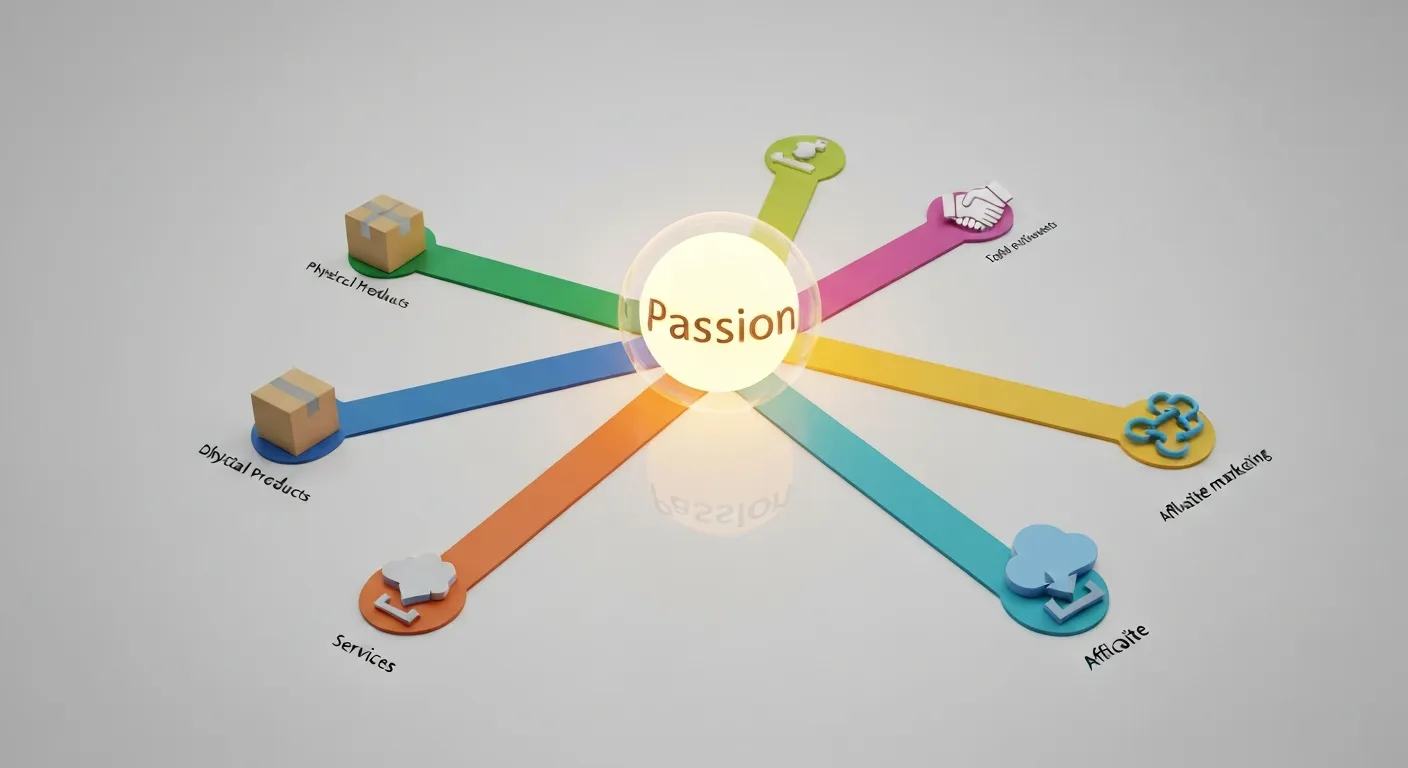 Schemat z centralnym punktem 'Pasja', z którego rozchodzą się cztery ścieżki symbolizujące różne modele monetyzacji: produkty fizyczne, cyfrowe, usługi i marketing afiliacyjny.