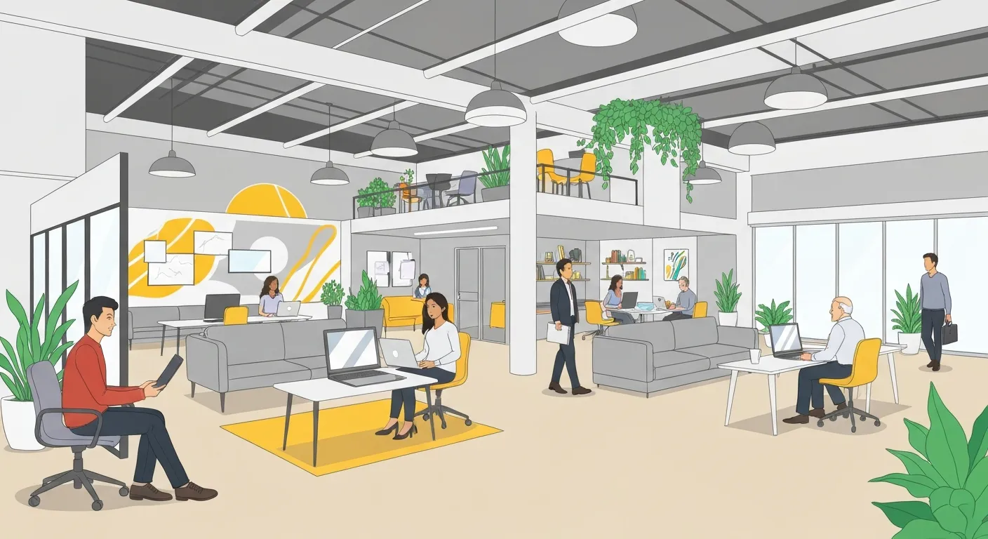 An isometric illustration of a modern co-working space, illustrating the psychology of stickers. Diverse people work on laptops covered in similar, branded stickers, visually connecting them and symbolizing the creation of a 'brand tribe' and social proof.