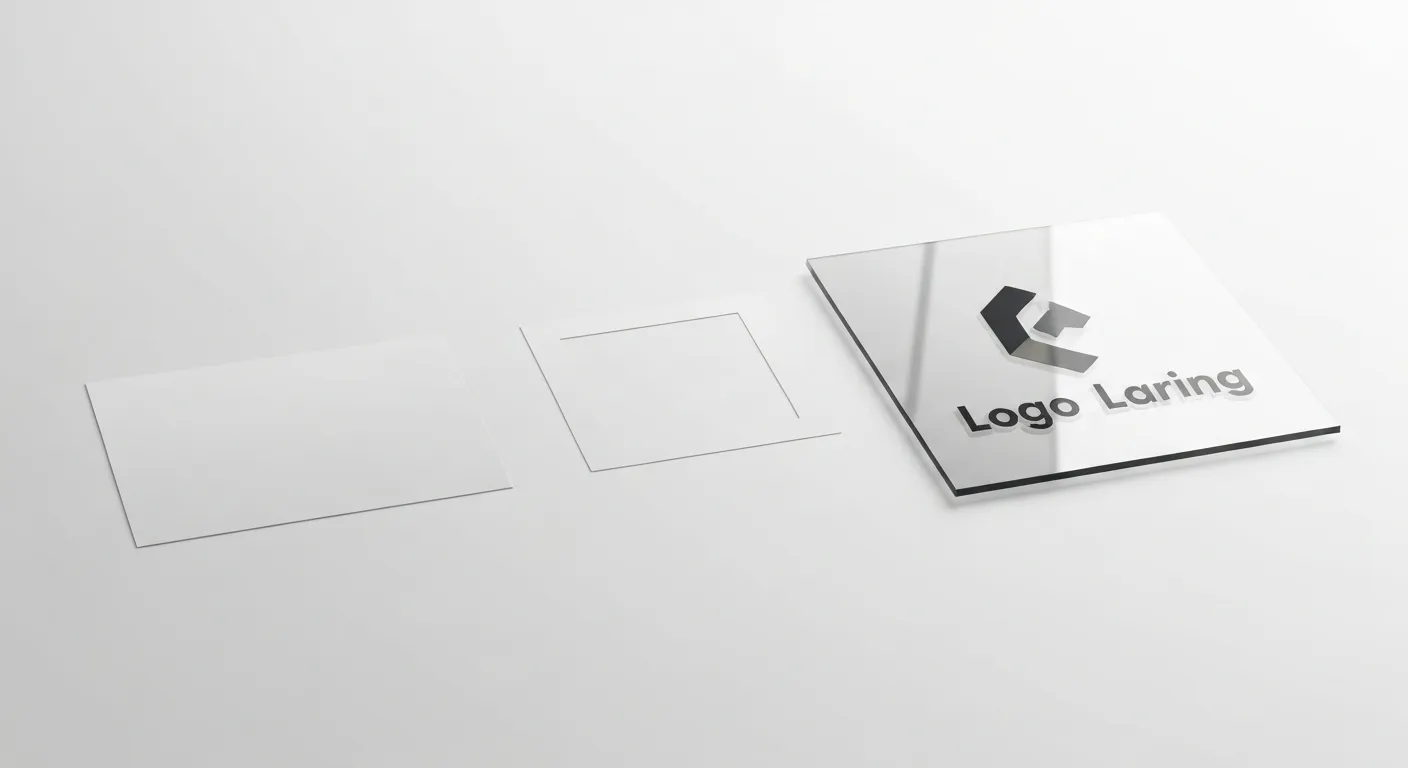 A 3D render showcasing the different types of stickers mentioned in the article. On the left is a die-cut sticker, in the middle is a kiss-cut sticker on its square backing, and on the right is a transparent sticker applied to a glass surface. This visually explains the technical differences.