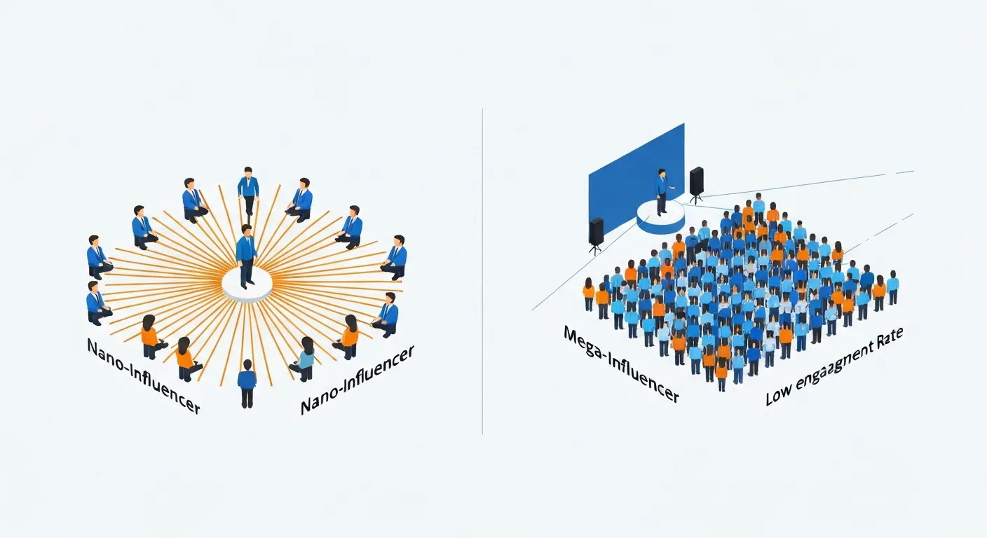 A data visualization comparing a nano-influencer's high engagement rate in a small community to a mega-influencer's low engagement rate in a large crowd.