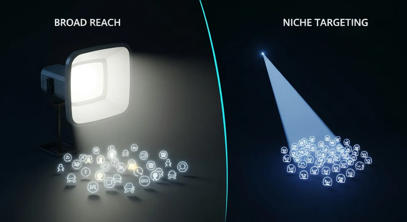 An abstract illustration showing the difference between broad marketing and the precise, niche targeting of a nano-influencer, depicted as a spotlight versus a laser beam.