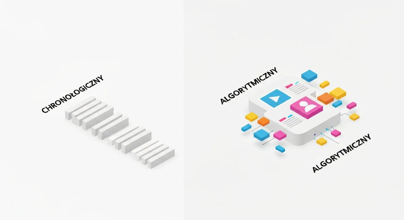 An isometric illustration comparing the evolution of newsfeeds. On the left, a simple, linear stack of uniform grey blocks represents a chronological feed. On the right, a dynamic, colorful arrangement of diverse content blocks (images, videos, text) is being sorted by a central abstract algorithm, showing a personalized feed.
