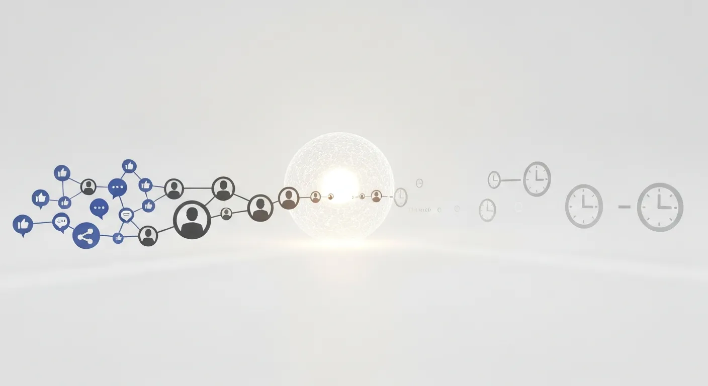 An abstract data visualization of an algorithm's core pillars. Three streams of data, represented by icons for user interactions (likes, comments), social connections (people icons), and time (a fading clock), flow into a central, glowing orb labeled 'Algorytm', which then outputs a curated content feed.