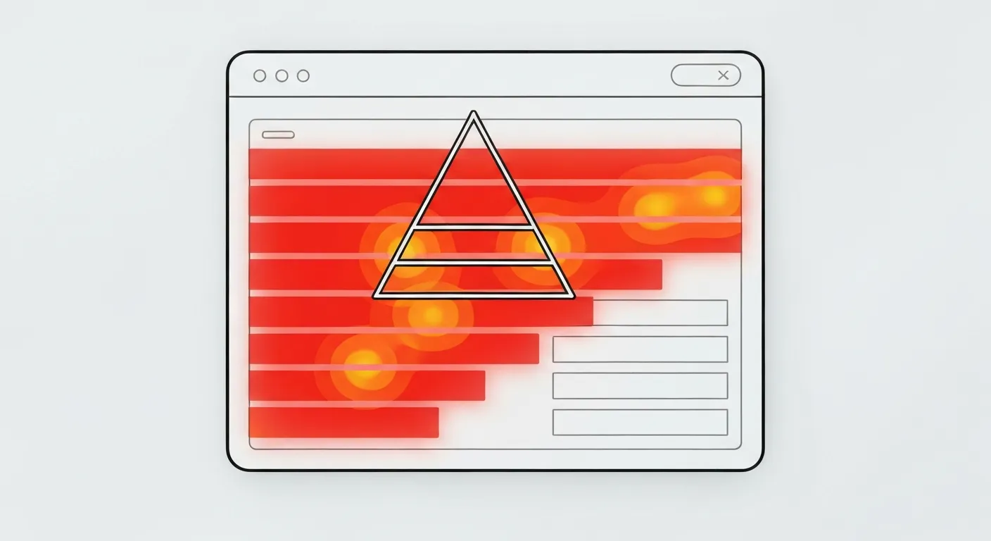 Wizualizacja danych pokazująca, jak struktura odwróconej piramidy jest idealnie dopasowana do wzorca skanowania tekstu przez użytkownika w kształcie litery F na ekranie komputera.